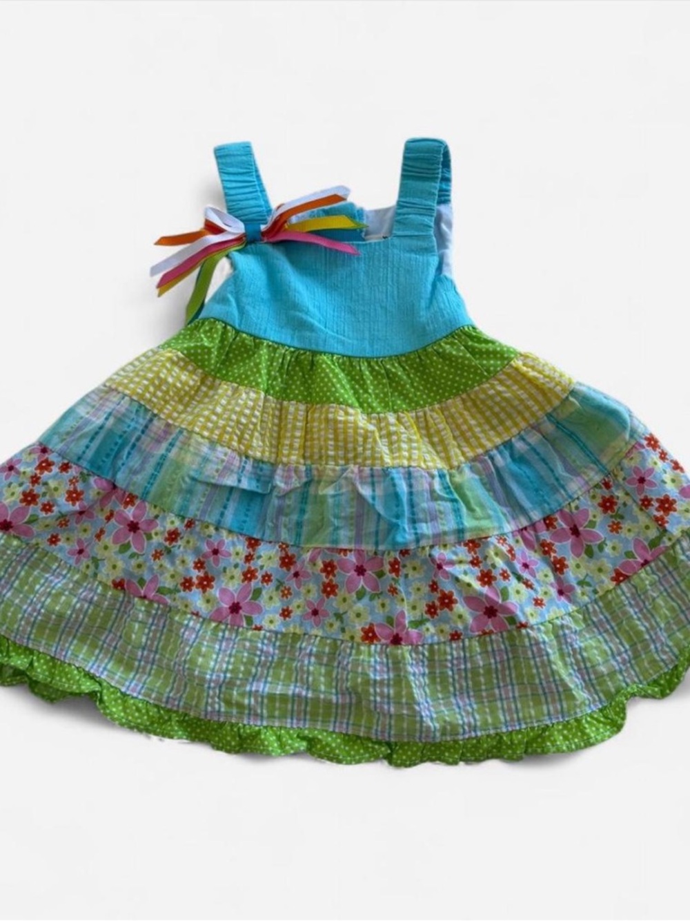 Rare Editions Aqua Tiered Dress with Rainbow Ribbon